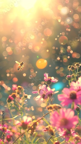 Beautiful colorful summer spring natural flower background. Bees working on a bright sunny day with beautiful bokeh	
