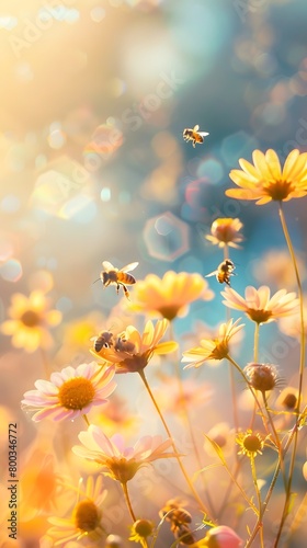 Beautiful colorful summer spring natural flower background. Bees working on a bright sunny day with beautiful bokeh	
