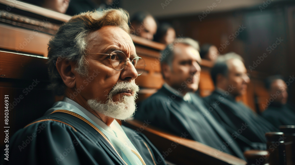 A judge with gray hair and beard wearing glasses, robe against the background of other judges. the panel of judges