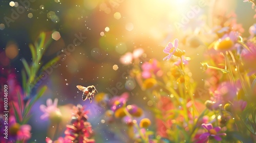 Beautiful colorful summer spring natural flower background. Bees working on a bright sunny day with beautiful bokeh	
