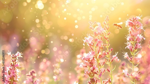 Beautiful colorful summer spring natural flower background. Bees working on a bright sunny day with beautiful bokeh	
