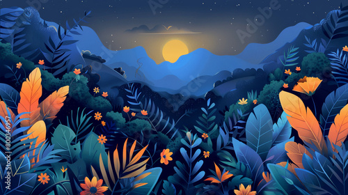 3D vector illustration of a night jungle with orange and blue leaves, flowers, and mountains in the style of different artists.