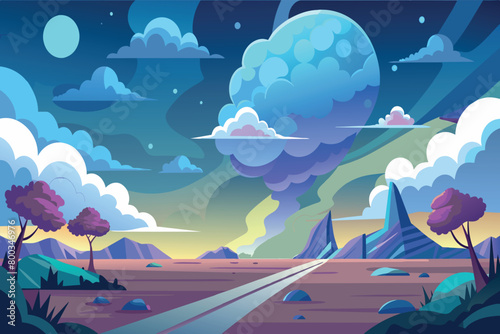 A desolate landscape with a large blue planet in the sky