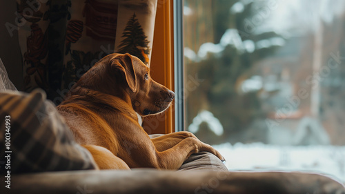 Lonely dog sitting on the sofa waiting for its owner in winter look out through window