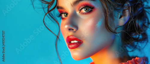 Young woman fashion model  beautiful with bright color glitter colour beauty creative trendy stylish glow makeup. Face and hair makeover. Portrait. Make up artist ads background. Close up.