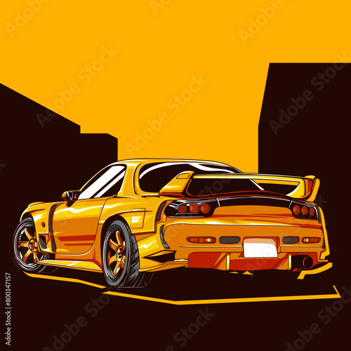 Vector illustration of modified jdm car within orange background with back view using hand drawn style