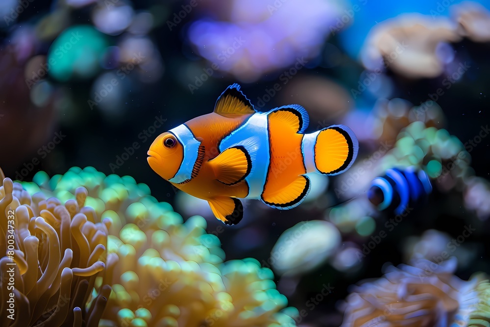 A clownfish swimming in the water near anemones, showcasing its vibrant orange and white coloration with blue stripes on each side of its body. Ai generated A clownfish swimming in the water near anemones, showcasing its vibrant orange and white coloration with blue stripes on each side of its body. Ai generated
