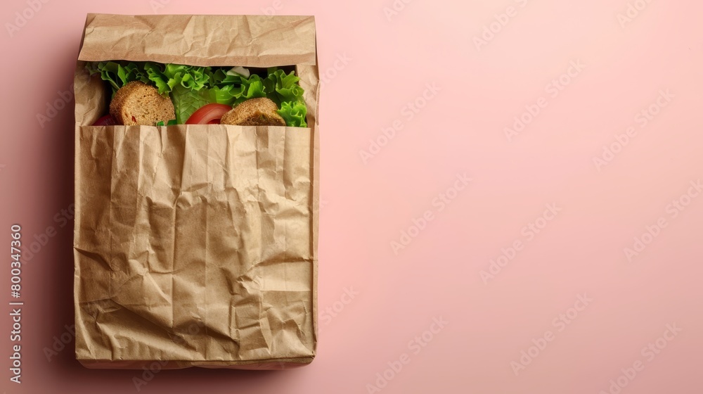   A brown paper bag, brimming with lettuce, tomatoes, and a sandwich, sits atop a pink backdrop