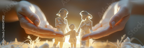 Warm, glowing imagery of paper cutout family figures encircled by protective hands symbolizing unity and support