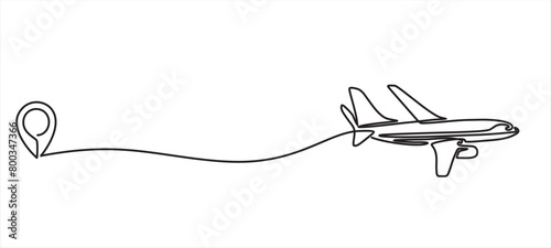 Continuous line drawing of aircraft flight routes and airport destinations. airplane line path icon of airplane flight route with starting point location and single line trail in doodle style.