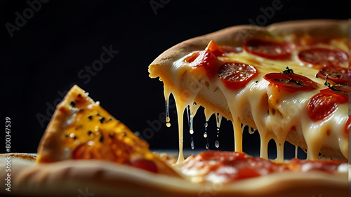 big round juicy pizza, pizza cheese stretches, realistic photo, professional photo, black background