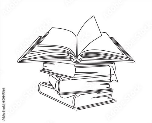 Continuous one line drawing of stack of books and open book. Single line of notebooks for background. Education, business, back to school hand drawn sketch design. Editable stroke