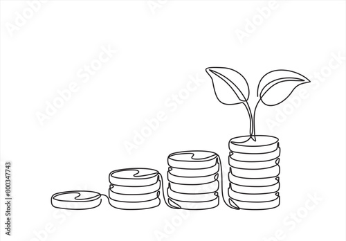 Coins stack with leaves branch continuous one line drawing. Business investing concept. Vector illustration isolated on white.