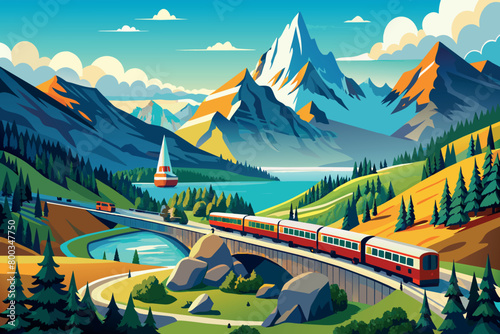 A train is traveling through a mountainous landscape with a bridge over a river