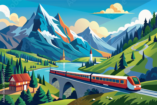 Wallpaper Mural A train is traveling through a mountainous landscape with a bridge in the middle Torontodigital.ca