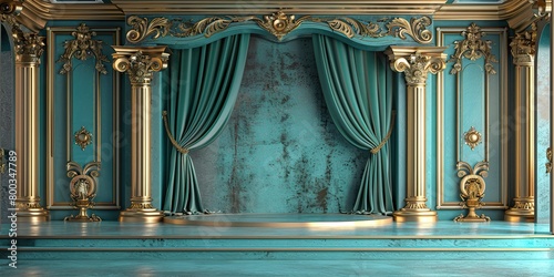 turquoise curtain stage with frames,