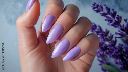 Female hand with lavender manicure. Generative AI