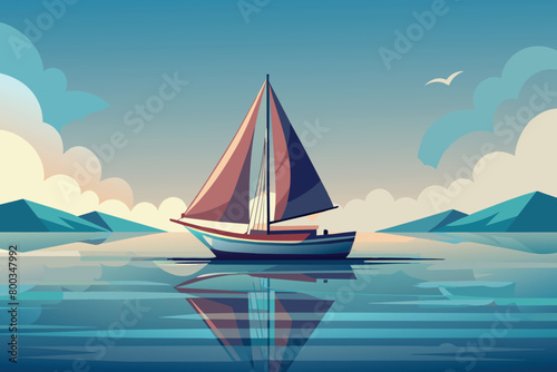 A sailboat is sailing on a calm lake with mountains in the background