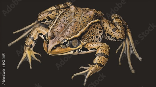 This image features a highly detailed and realistic drawing of a brown frog with natural spots against a black background Perfect for educational materials