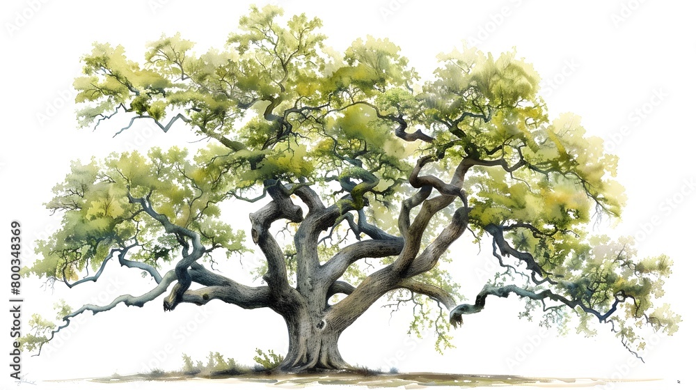 Majestic Oak Tree in Serene Watercolor Painting Against Pristine White Background Majestic Oak Tree in Serene Watercolor Painting Against Pristine White Background