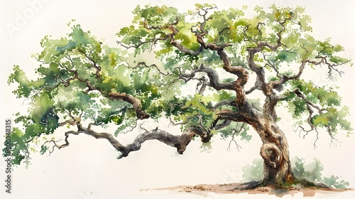 Ancient Oak Tree Watercolor Painting Depicting Serene Natural Landscape Scenery