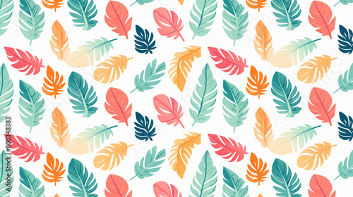 A pattern of colorful tropical leaves on a white background.