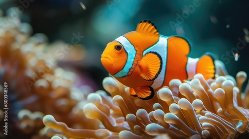 Cute anemone fish playing on the coral reef, beautiful color on coral reefs, anemones on tropical coral reefs AI generated