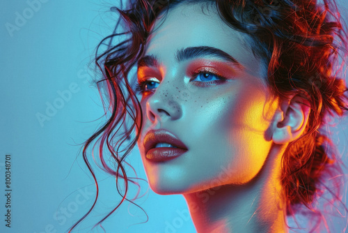 Young woman fashion model, beautiful with bright color glitter colour beauty creative trendy stylish glow makeup. Face and hair makeover. Portrait. Make up artist ads background. Close up.