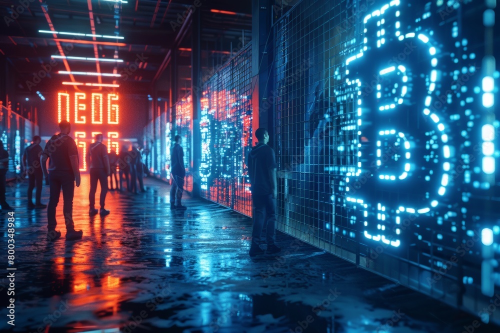 Obraz premium Blockchain technology to securely manage patient records, Urban scene, individuals near glowing digital currency symbols, atmosphere charged neon lights and reflections on wet ground, digital finance.