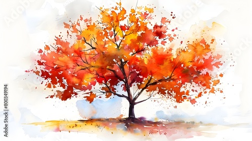 Vibrant Autumn Maple Tree in Impressionistic Watercolor Painting