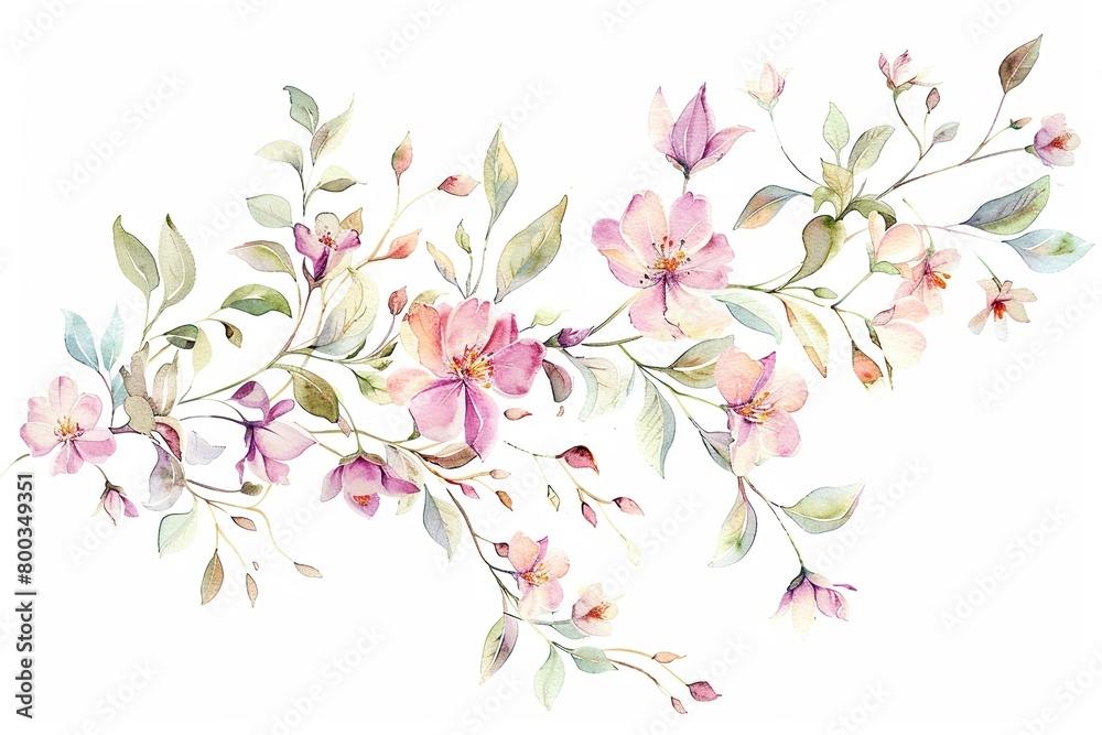 Watercolor illustration of a floral decoration with delicate flowers and leaves isolated on a white background