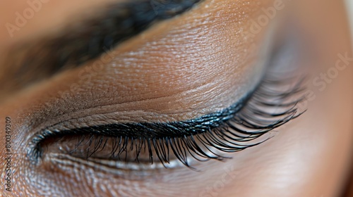   A tight shot of a woman's expressive eye, adorned with lengthy lashes resting above defined eyeliner photo