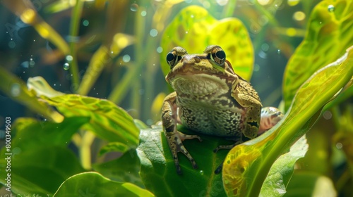 A visually captivating image of a frog gazing out from verdant leaves with sunlight