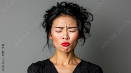   A woman with closed eyes wears red lipstick She makes a expressionless face photo