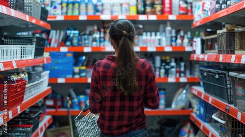 A woman analyzing products on a store's shelves, representing choice and decision making © SerPak
