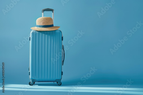 A minimalist travel concept featuring a blue hard shell suitcase with a stylish straw hat on a blue background © SerPak