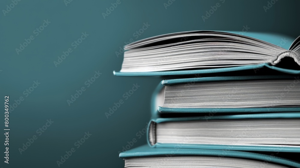 A blue bookshelf holds a stack of books against a matching backdrop A blue bookshelf holds a stack of books against a matching backdrop