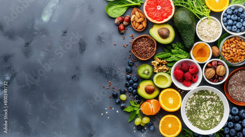 An overhead shot of various superfoods in vibrant bowls arranged artistically on a grey textured background © SerPak