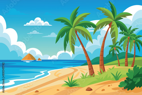 A beautiful beach scene with palm trees and a blue ocean