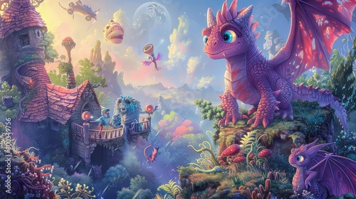 Describe a colorful, imaginative world with fantastic creatures, such as fairies, dragons or space creatures AI generated #800349756