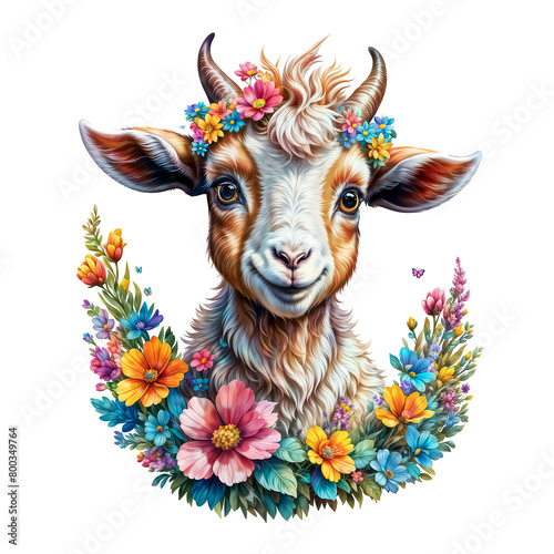 goat Sticker Colorful goat Bliss A Bouquet of Joy Surrounds the Cartoon goat Sticker on Transparent Background, Adorned with Vibrant Flowers and Rainbow Butterflies - Generative AI 