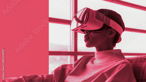 Futuristic Vision. Woman Engrossed in a Virtual Reality Experience. Pink virtual reality concept.