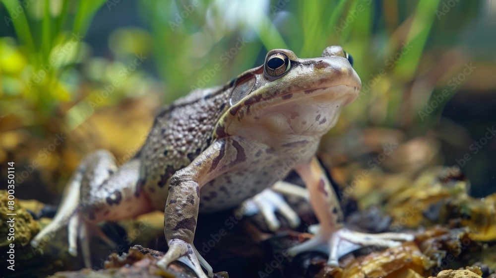 Fototapeta premium A single frog dominates the foreground among rich, saturated wetland environments