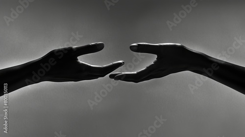  A black-and-white image of two hands reaching, fingers extended to touch