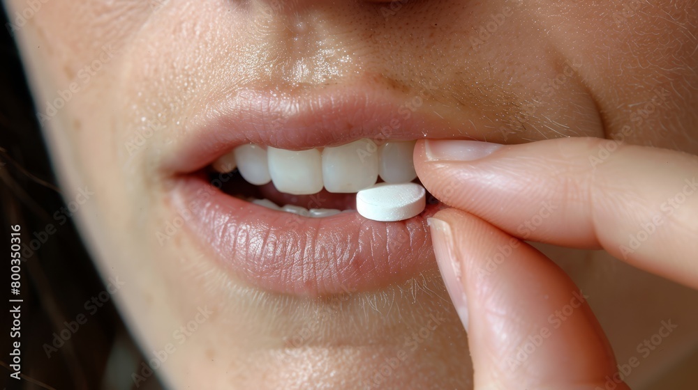 Obraz premium A person closely assists another in taking a pill, momentarily pausing toothbrushing