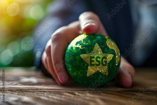 Conducting business and giving importance to environmental conservation. Word “ESG” in green globe represent environment social and governance, rating in ESG concept photo