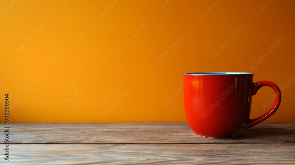   A red coffee cup atop a weathered wooden table Nearby, an orange wall Behind, a yellow wall