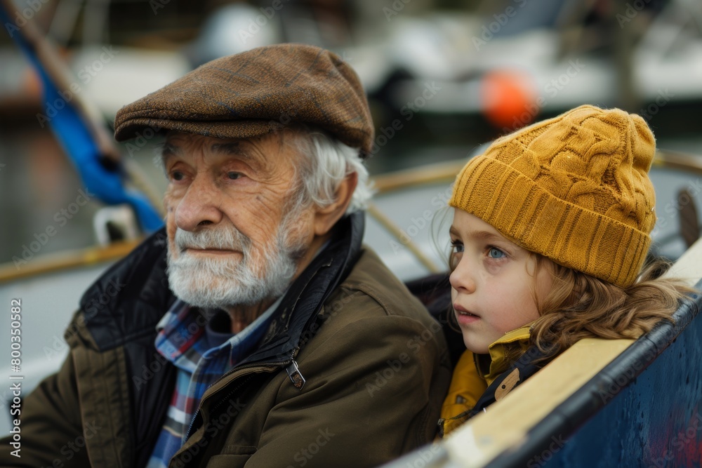 A grandfather and granddaughter sit on a boat