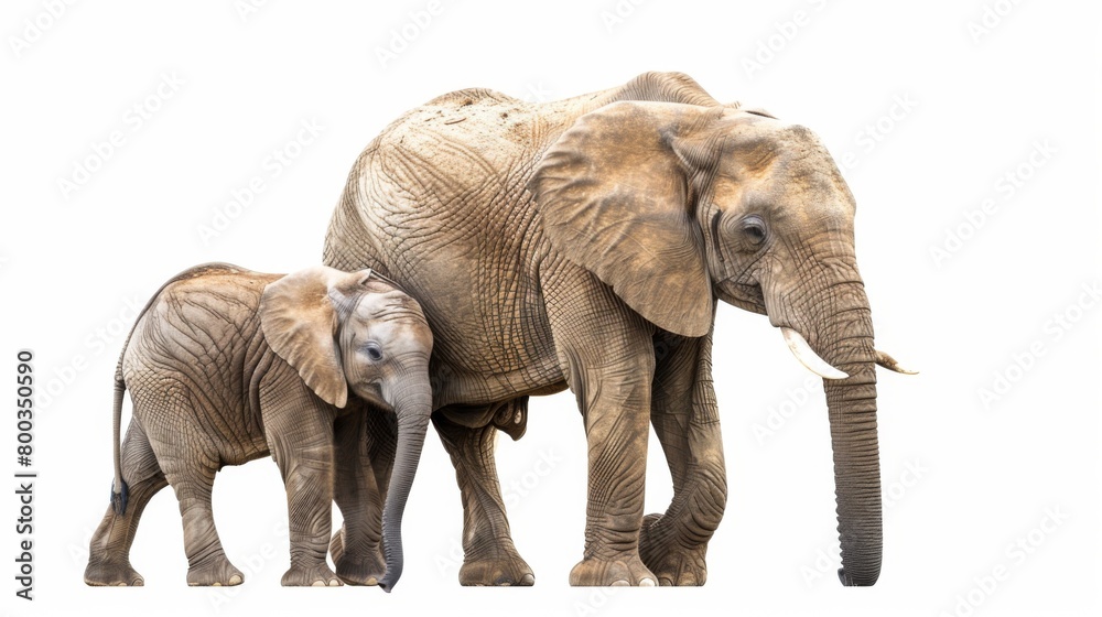 An intimate scene of an adult elephant nursing its young calf, presented on a clean white canvas emphasizing their presence