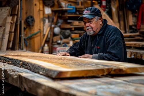 African American craftsman in a moment of contemplation, Mature worker with greying mustache, baseball cap, inspecting wooden slab, in a busy woodworking shop.